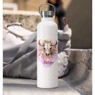 Boho Floral Bull Kuh Skull Monogramm Hübscher West Trinkflasche