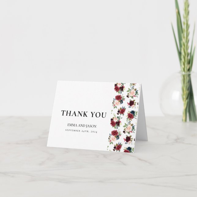 Boho Floral Burgundy Blush Wedding Dankeschön Kart Dankeskarte (Vorderseite)