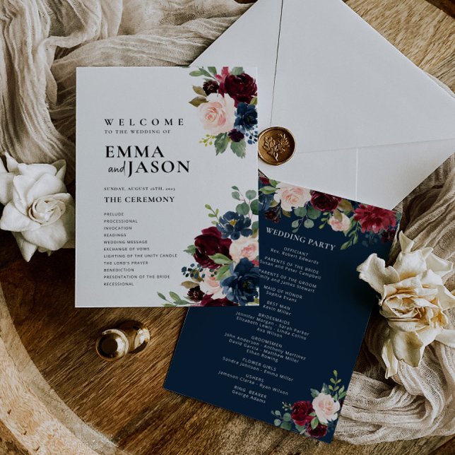 Boho Floral Burgundy Navy Hochzeitsprogramm Einladung (Von Creator hochgeladen)