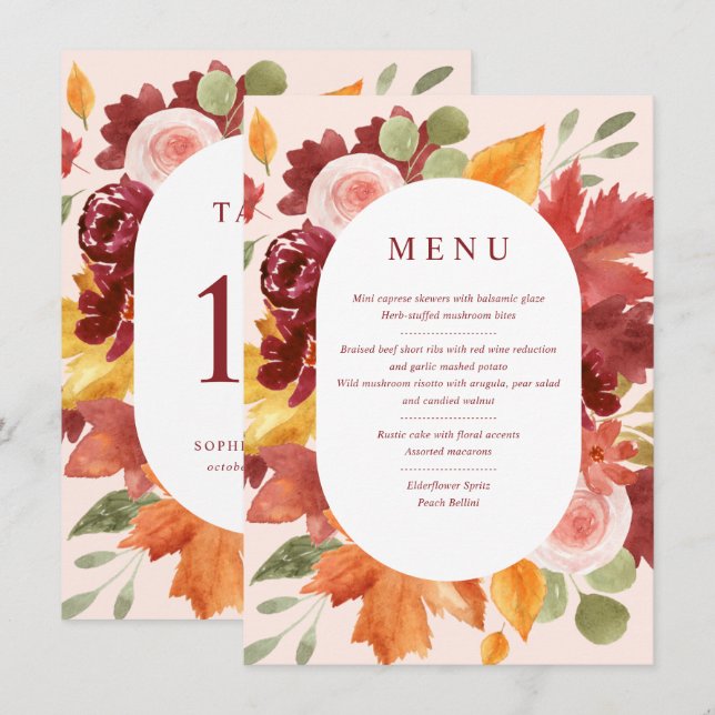 Boho Floral Burgundy Wedding Tischnummer Menu (Vorne/Hinten)
