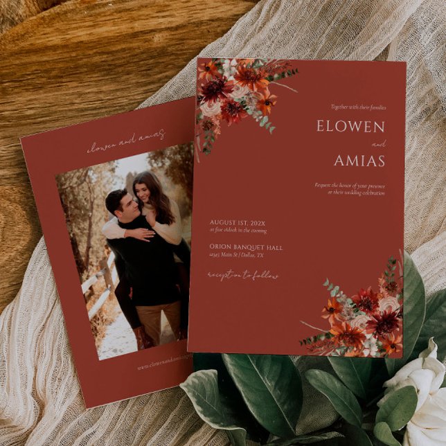 Boho Floral Burnt Orange Wedding Einladung (Von Creator hochgeladen)