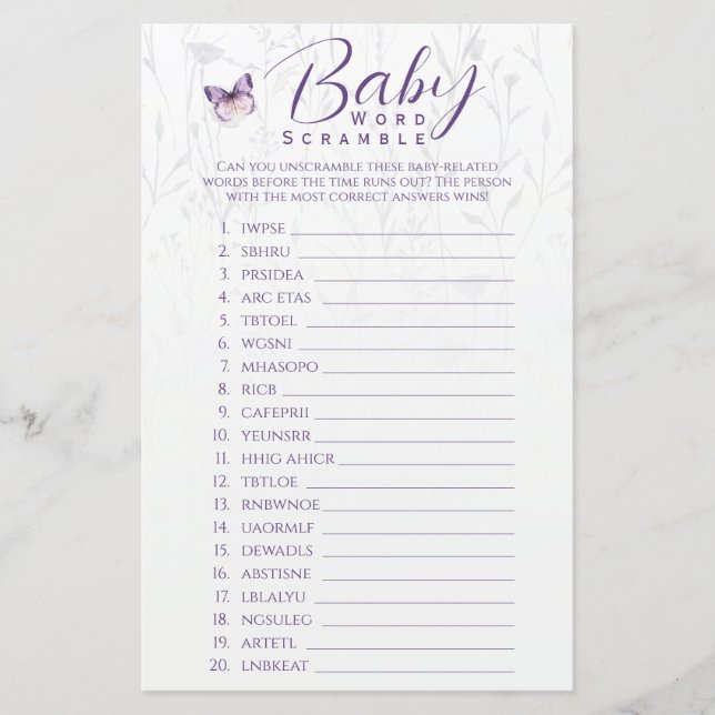 Boho Floral Butterfly Baby Dusche Word Scramble (Vorderseite)