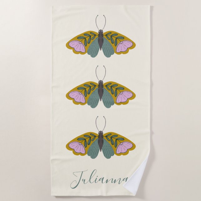 Boho Floral Butterfly Illustration Personalisiert  Strandtuch (Vorderseite)