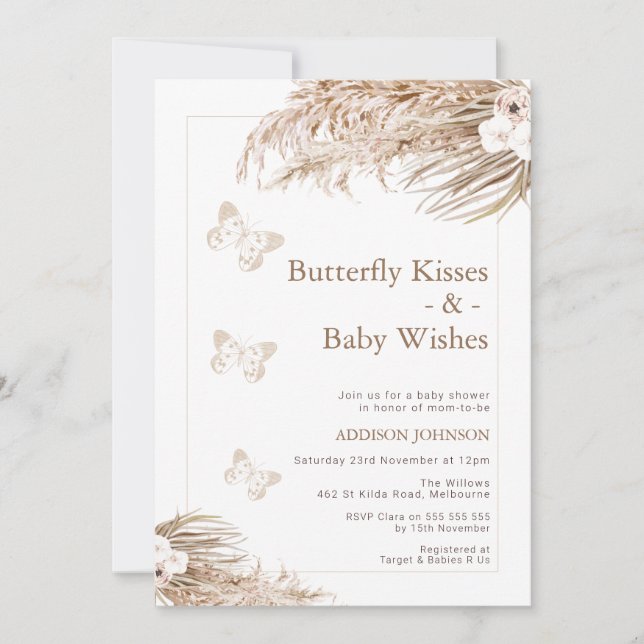 Boho Floral Butterfly Kisses Baby Shower Einladung (Vorderseite)