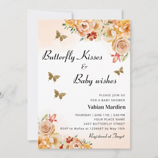 Boho Floral Butterfly Kisses girl Baby Shower Einladung (Vorderseite)