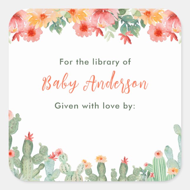 Boho Floral Cactus Baby Library Buchzeichen Quadratischer Aufkleber (Vorderseite)