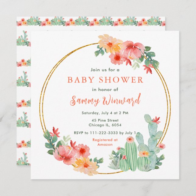 Boho Floral Cactus Baby Shower Einladung (Vorne/Hinten)