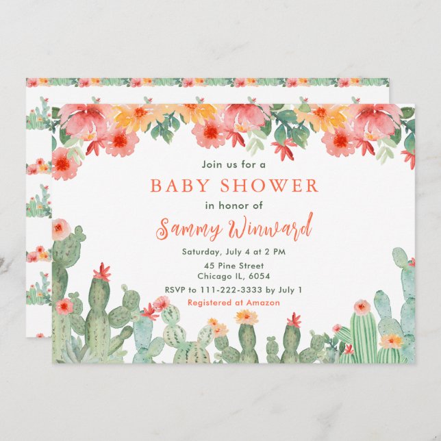 Boho Floral Cactus Baby Shower Einladung (Vorne/Hinten)