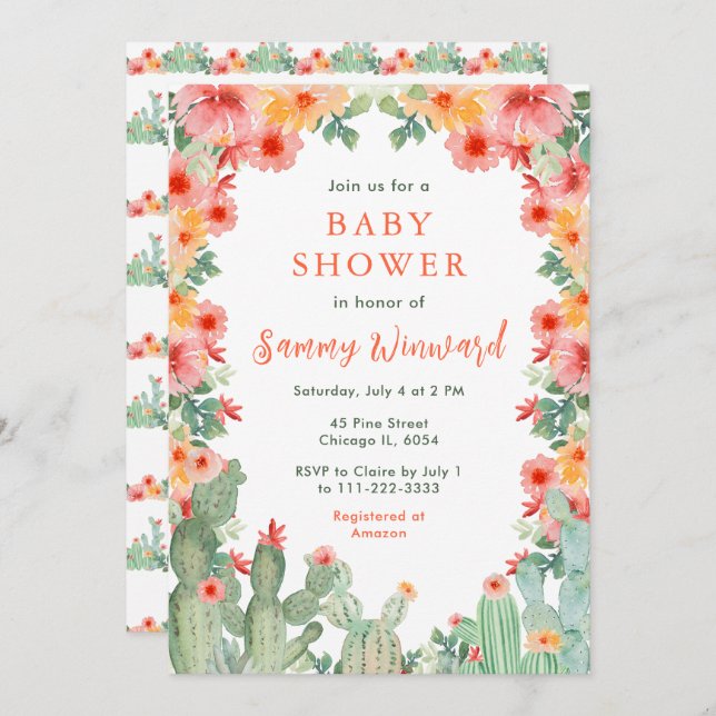 Boho Floral Cactus Baby Shower Einladung (Vorne/Hinten)