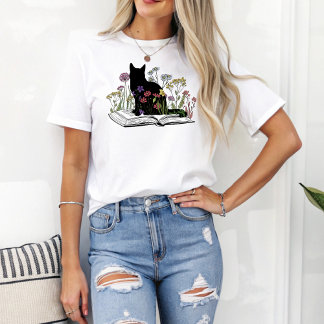 Boho Floral Cat Sitting on Books Book Lover T-Shirt