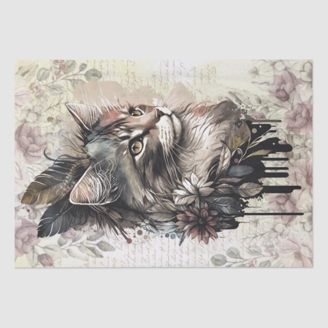 Boho Floral Cat Watercolor Seidenpapier (Vorderseite)