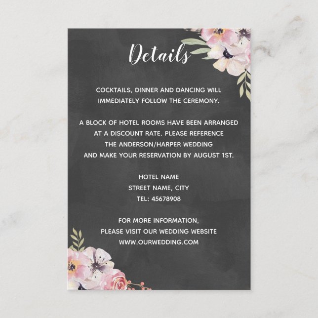 Boho Floral Chalkboard Wedding Detail Card Begleitkarte (Vorderseite)