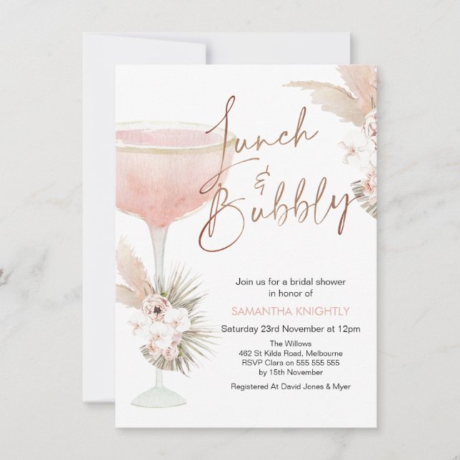 Boho Floral Champagne Brautparty Einladung (Vorderseite)