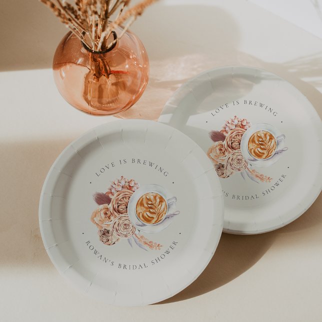 Boho Floral Coffee "Liebe is Brewing" Brautparty Pappteller (Von Creator hochgeladen)