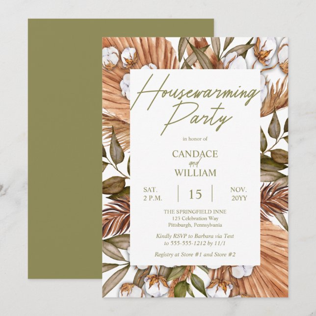 Boho Floral Cotton | Gräser Party in Wohnhäusern Einladung (Vorne/Hinten)