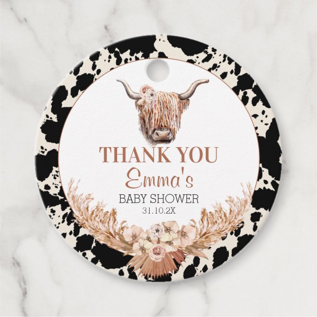 Boho Floral Cow Baby Dusche Vielen Dank Geschenkanhänger (Vorderseite)