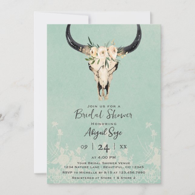 Boho Floral Cow Skull auf Türkis Brautparty Einladung (Vorderseite)