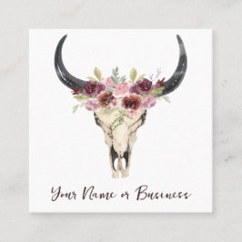 Boho Floral Cow Skull auf Weiß Quadratische Visitenkarte
