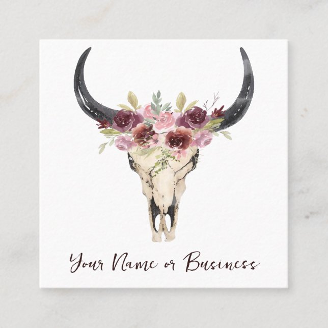 Boho Floral Cow Skull auf Weiß Quadratische Visitenkarte (Vorderseite)