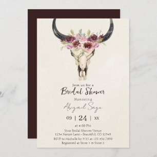 Boho Floral Cow Skull Burgundy Cream Brautparty Einladung