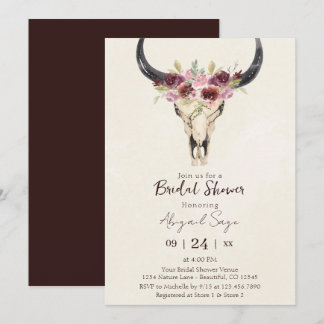 Boho Floral Cow Skull Burgundy Cream Brautparty Einladung