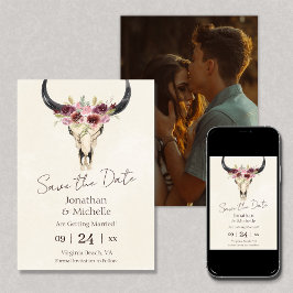 Boho Floral Cow Skull Burgundy FOTO Wedding Save The Date