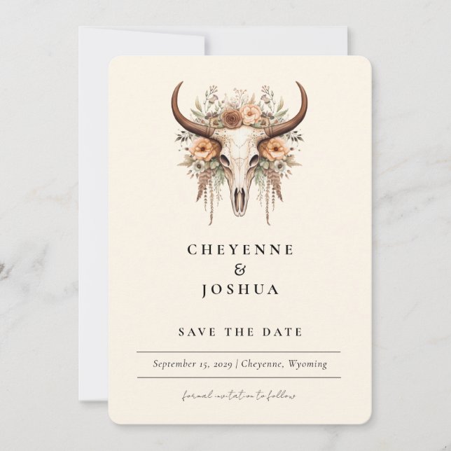 Boho Floral Cow Skull Western Foto Save the Date Einladung (Vorderseite)