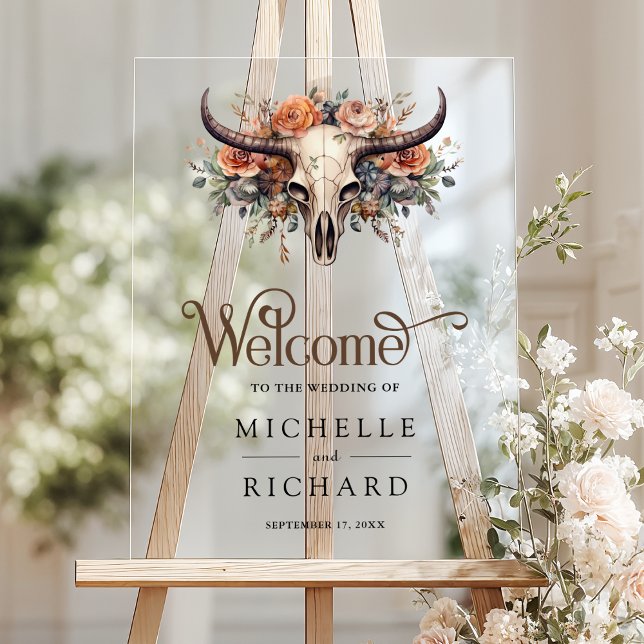 Boho Floral Cow Skull Western Wedding Welcome Acrylschild (Von Creator hochgeladen)