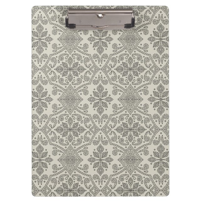 Boho Floral Damask Line Art, Black on Beige Klemmbrett (Vorderseite)