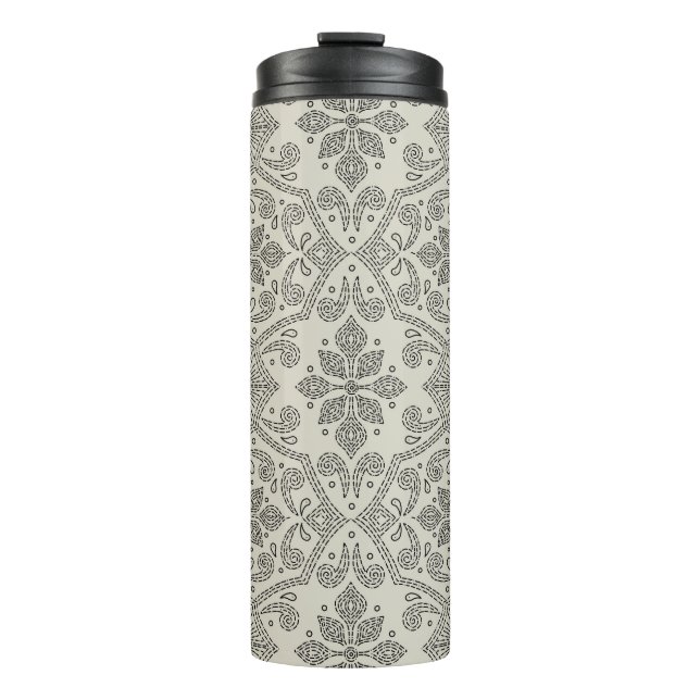 Boho Floral Damask Line Art, Black on Beige Thermosbecher (Vorderseite)