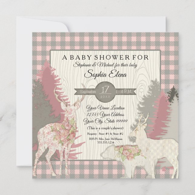 BOHO Floral Deer Bear Wald Wald Kariert Girl Einladung (Vorderseite)