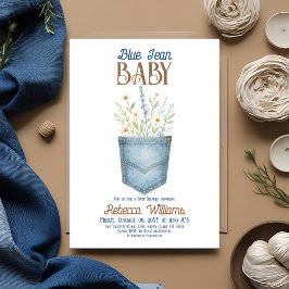 Boho Floral Denim Boy Blue Jean Baby Shower Einladung