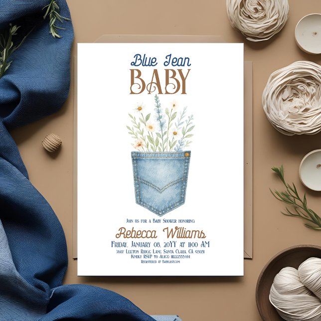 Boho Floral Denim Boy Blue Jean Baby Shower Einladung (Von Creator hochgeladen)