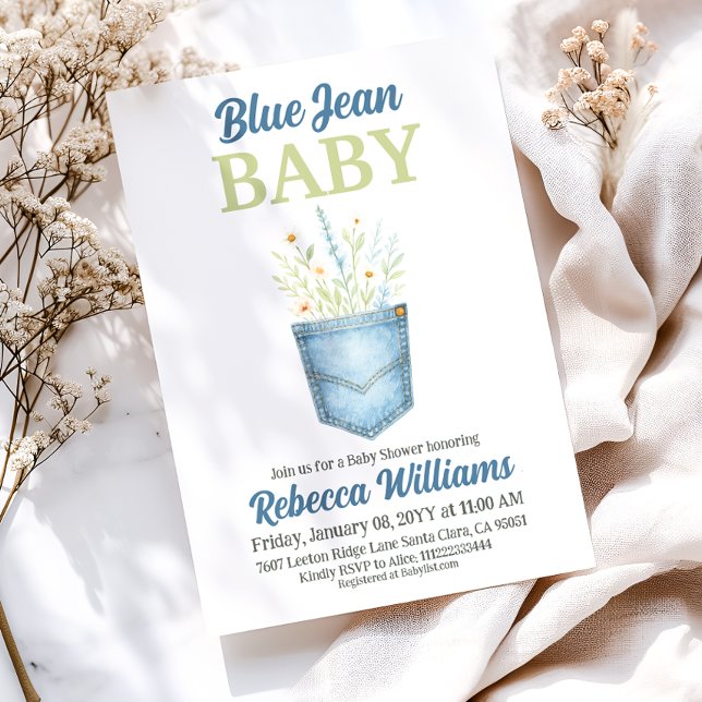 Boho Floral Denim Pocket Blue Jean Baby Shower Einladung (Von Creator hochgeladen)