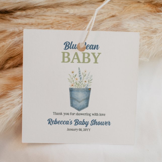 Boho Floral Denim Pocket Blue Jean Baby Shower Geschenkanhänger (Von Creator hochgeladen)