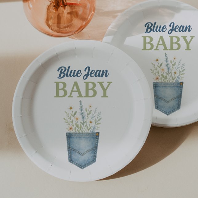 Boho Floral Denim Pocket Blue Jean Baby Shower Pappteller (Von Creator hochgeladen)