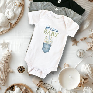 Boho Floral Denim Pocket Blue Jean Baby Shower Strampler