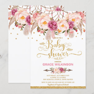 Boho Floral Dream Catcher Baby Shower Girl Einladung