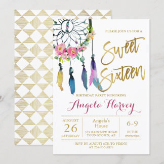 Boho Floral Dream Catcher Gold Sweet 16 Geburtstag Einladung