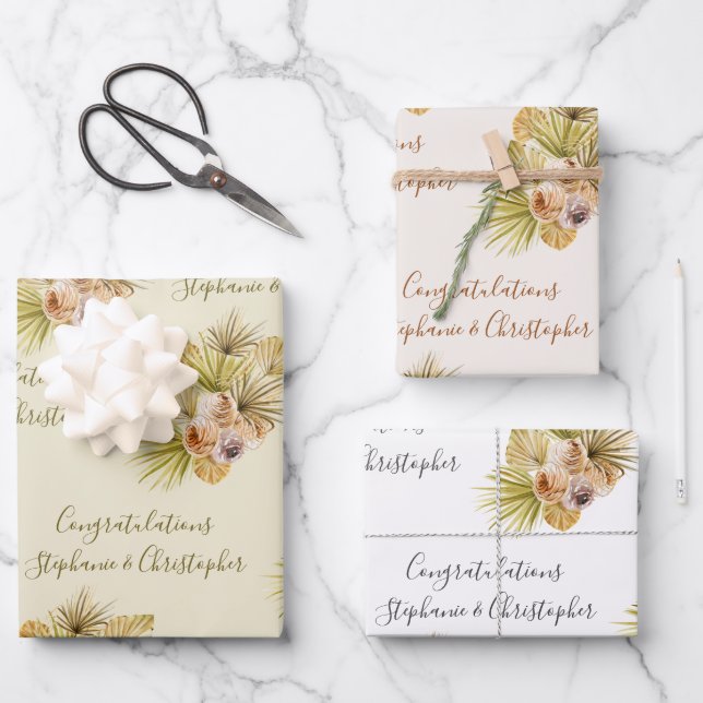 Boho floral Dried Palm Add Names Wedding Geschenkpapier Set (Vorderseite)