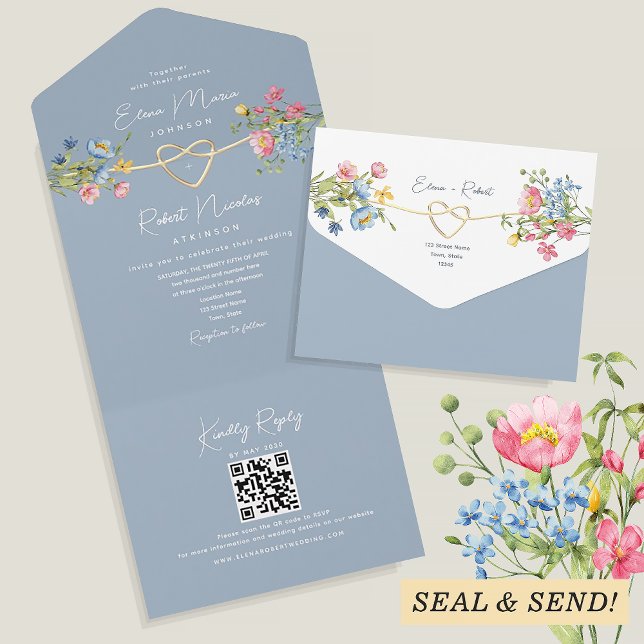 Boho Floral Dusty Blue Wedding All In One Einladung (Von Creator hochgeladen)