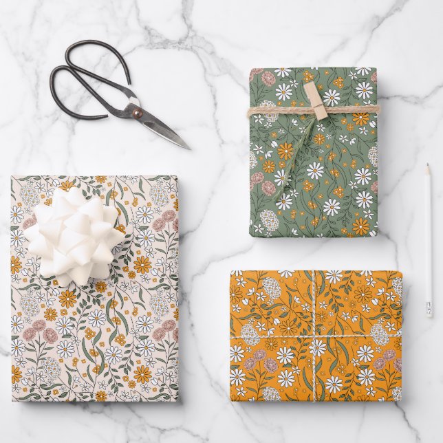 Boho Floral Earth Tones Botanisches Brautparty Geschenkpapier Set (Vorderseite)