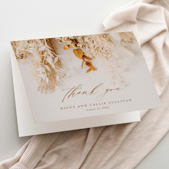 Boho Floral Elegant Script Wedding Dankeskarte (Elegant dried floral boho script wedding thank you cards.)