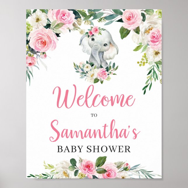 Boho Floral Elephant Baby Dusche Begrüßungszeichen Poster (Vorne)