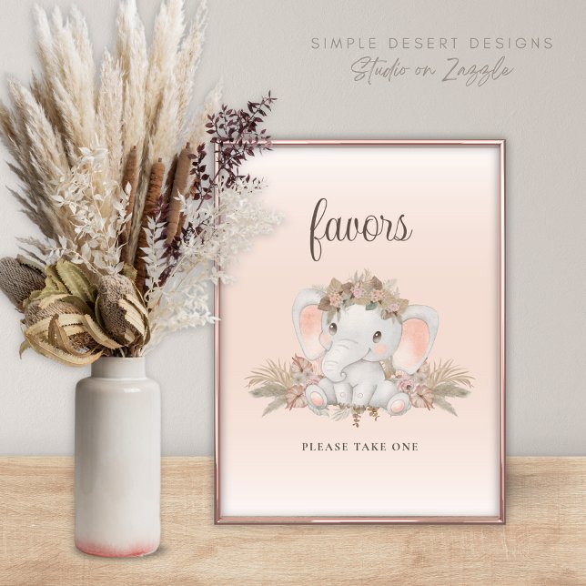 Boho Floral Elephant Baby Duwer bevorzugt Signatur Poster (Cute Boho Baby Shower Favors Sign with Elephant Pampas Grass and Simple Floral Design)