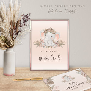 Boho Floral Elephant Baby Shower Guest Book Sign Poster