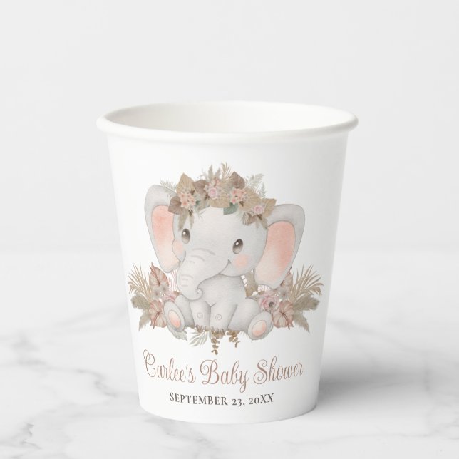 Boho Floral Elephant Gender Neutral Baby Dusche Pappbecher (Vorderseite)
