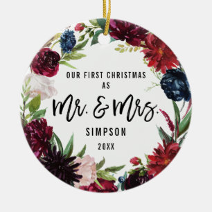 Boho Floral erste Weihnachten als Mr. und Mrs. Fot Keramik Ornament