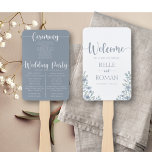 Boho Floral Eucalyptus Blue Wedding Program Fächer<br><div class="desc">As you take your seat in the heart of our rustic wedding paradise, allow us to present you with a unique and thoughtful keepsake – our dusty blue floral and eucalyptus themed wedding program fan. Crafted with love and adorned with rustic foliage, this fan not only offers a refreshing breeze...</div>