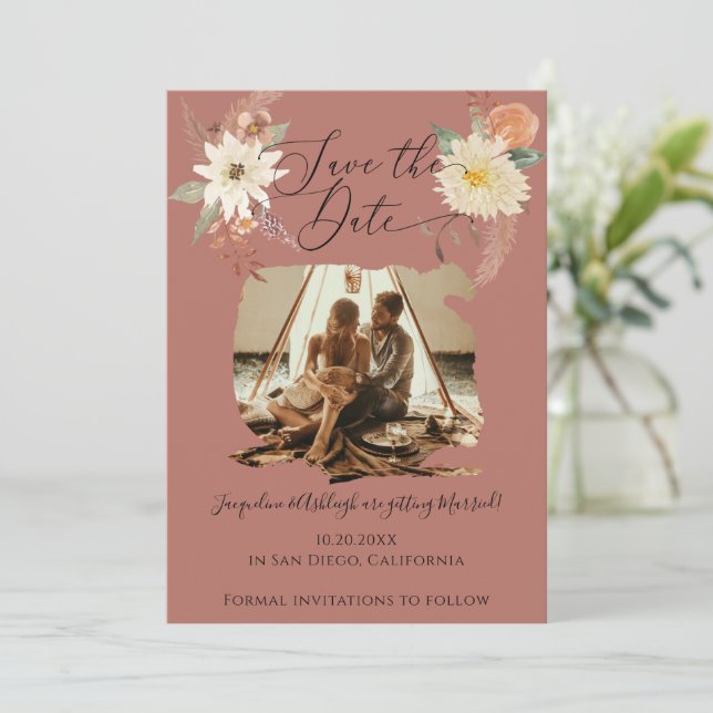 BOHO Floral Fall Foliage Wasserfarbe Erdung Foto Save The Date (Stehend Vorderseite)